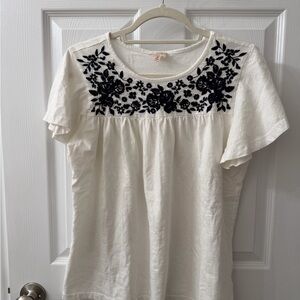 Chic White Top with Navy Floral Embroidery